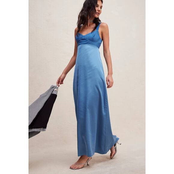 New Free People Gia Silky Maxi Dress $250 SIZE 8 Blue Bustier Slip Gown - Picture 1 of 4